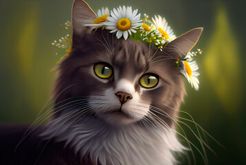 Cat flowers on the head. Generative AI,