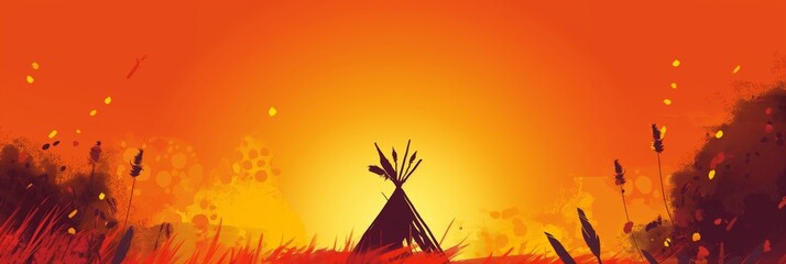 This vibrant illustration features a silhouette of a traditional teepee against a fiery sunset backdrop, conveying warmth and wilderness