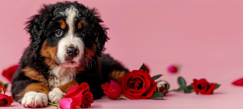 Cute Bernese Mountain Dog puppy dog with red rose flowers sitting looking at camera, adorable dog photo for Valentine's Day, studio photo on pink background, copy space, banner with copy space