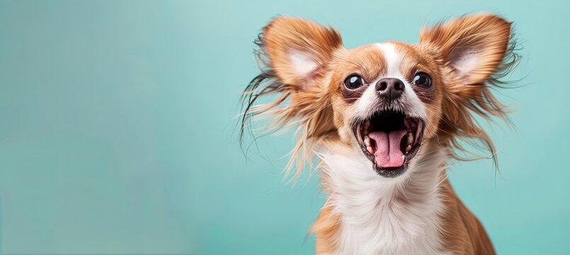 banner of Happy funny excited little dog with long ears and wide open mouth on blue background