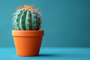 A minimal render of a cactus in a pot on a blue background.