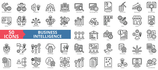 Business intelligence icon collection set. Containing technology, enterprise, data analysis, management, reporting, mining, performance icon. Simple line vector.
