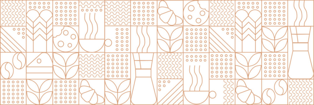 Hand drawn illustration of Bakery and Coffee. Icons. Abstract geometric line background. Gold luxury. Pattern for cover design, food package, menu, background, café wall, coffee shop, web banner