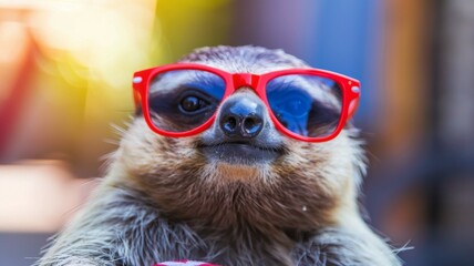 Fototapeta premium Cute and Quirky Sloth Wearing Red Sunglasses Celebrating Independence Day in the Vibrant Tropical Setting