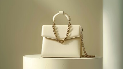 elegant cream handbag with delicate chain strap, luxury fashion accessory on display podium