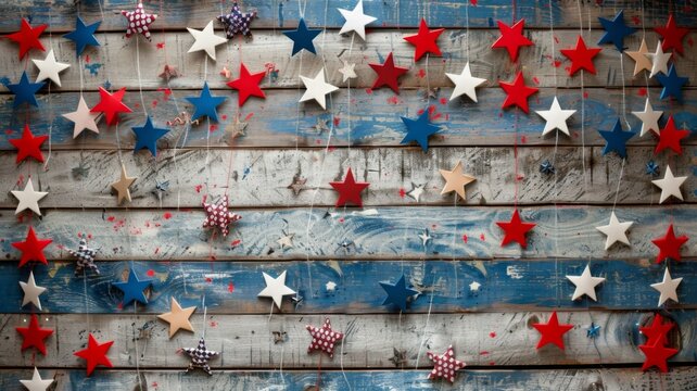 Festive Patriotic Stars and Stripes Decor on Rustic Wooden Background with Copy Space