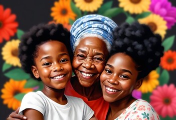 afro american child, mother and grandmother posing and smiling on floral blur background. The continuity of generations. Family digital ai illustration. mother's day concept