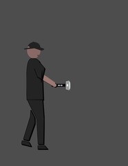 A watchman in a black shirt and black pants is holding an electric torchlight - obrazy, fototapety, plakaty