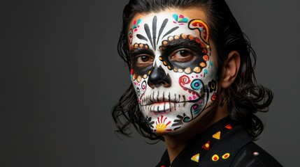dia de los muertos male model portrait - handsome man with vibrant sugar skull makeup on clean studio backdrop
