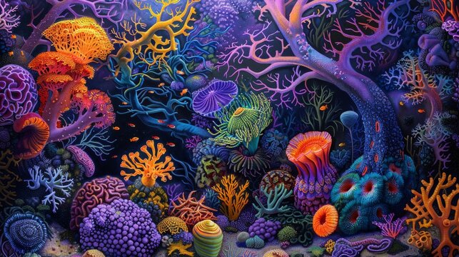 A colorful and imaginative portrayal of a brain coral ecosystem blending real elements with fantastical designs perfect for a marine biology exhibit
