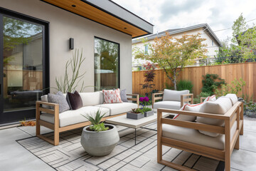 Contemporary outdoor patio featuring stylish lounge furniture and decorative plants, framed by a wooden fence