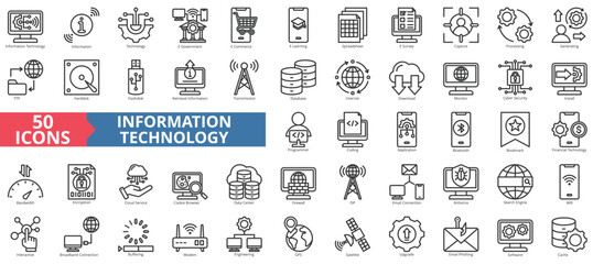 Information technology icon collection set. Containing e-government, e-commerce, e-learning, spreadsheet, e-survey, capture, processing icon. Simple line vector.