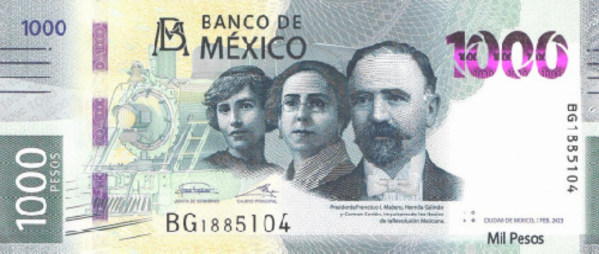 Vector obverse high polygonal pixel mosaic banknote of Mexico. Front side. Denominations of bill 1000 pesos. Game money of flyer.