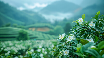White jasmine flowers blooming in the morning on tea plantation
