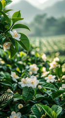 White jasmine flowers blooming in the morning on tea plantation