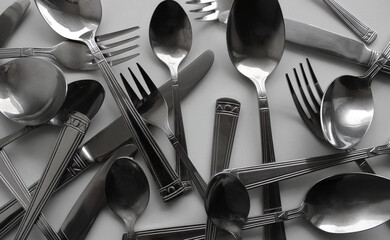 Chaotically Scattered Items From Cutlery Set On White Surface Stock Photo For Table Setting...