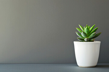 Single succulent plant in a white pot on a grey background with copy space