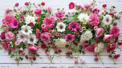 An elegant arrangement of vibrant flowers against a backdrop of white wooden planks Seen from above the display features a mix of pink and white anemones roses daisies freesias carnations a