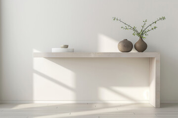Contemporary console table featuring a minimalist aesthetic, adorned with simple ceramic vases