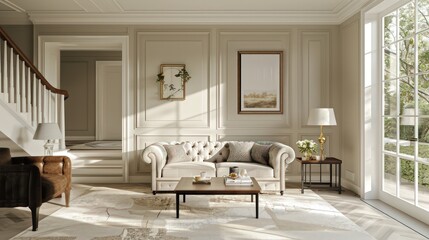 Comfortable living room, modern classic Scandinavian style house interior, with comfortable sofa couch chair, mock up decoration with poster frames on the wall.. Natural light from the window.
