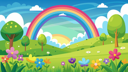 spring landscape with rainbow and flowers