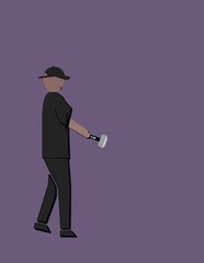 A watchman in a black shirt and hat is holding a torchlight walking around. - obrazy, fototapety, plakaty
