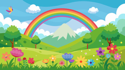 landscape with rainbow and flowers