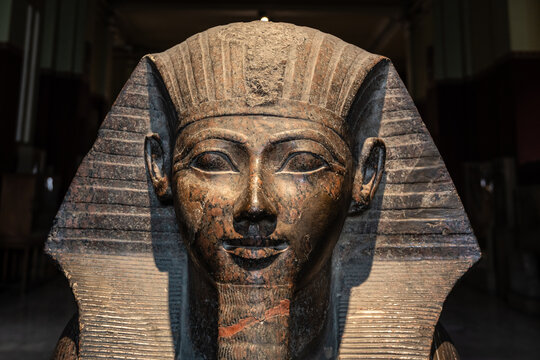 Cairo, Egypt - November 14 2023: Granite Sphinx of Hatshepsut is displayed in the Egyptian Museum of Cairo, Egypt capital city