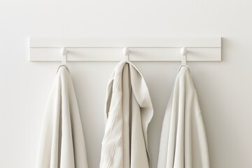 Fototapeta premium Contemporary white coat rack with minimalist design hooks and neutral-colored coats against a clean background