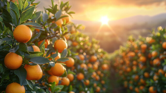 Landscape photo of orange plantation during summer sunset. Heathy fresh fruit. Vitamin. Orange grove harvest.