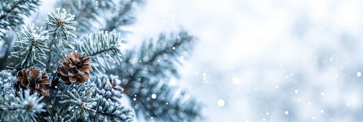 A serene winter scene capturing the delicate frost on pine cones nestled among snow-dusted pine branches, evoking the stillness of a wintry day - obrazy, fototapety, plakaty