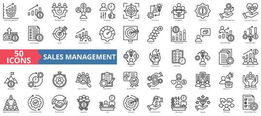Sales management icon collection set. Containing business, discipline, focused, technique, employer, important, product icon. Simple line vector.