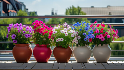 Surfinia, drooping ampersed flowers of different colors in pots on terrace. Sunny day. Gardening and plants. Landscape design.  - obrazy, fototapety, plakaty