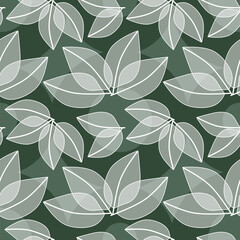 seamless pattern with leaves in white on dark green background, abstract natural leaf design, abstract graphic ornament, ideal for fashion, textiles and paper design, summer spring print