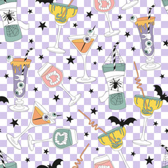 Retro groovy spooky Halloween party cocktails decorated with eyes bat worms spider vampire teeth vector seamless pattern. Hand drawn style creepy alcohol drinks on checkerboard background. October