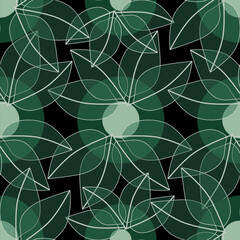seamless pattern with leaves in white on dark green background, abstract natural leaf design, abstract graphic ornament, ideal for fashion, textiles and paper design, summer spring print