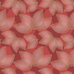 seamless pattern with leaves in gold on red and pink background, abstract natural leaf design, abstract graphic ornament, ideal for fashion, textiles and paper design, summer spring print