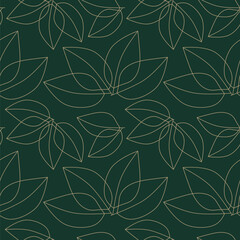 seamless pattern with leaves in gold on dark green background, abstract natural leaf design, abstract graphic ornament, ideal for fashion, textiles and paper design, summer spring print