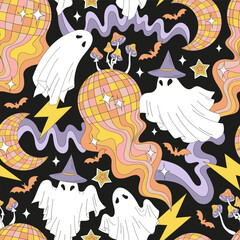 Retro 70s groovy Halloween party with disco ball ghosts in white blanket trippy fantasy mushrooms vector seamless pattern. Hand drawn linear style October 31st holiday trick or treat event themed