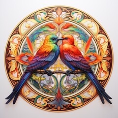 A beautiful painting of two lovebirds in a colorful floral frame.