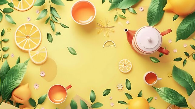 Iced summer drink of tea with leaf on yellow background, top view