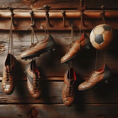 scarpe da calcio appese al muro - obrazy, fototapety, plakaty