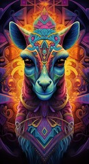 Fototapeta premium A llama wearing a colorful poncho with geometric patterns. The background is dark with bright lights.