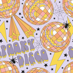Retro groovy spooky disco ball with scary face and spiders cobweb vector seamless pattern. Hand drawn linear style creepy mirror ball background. October 31st Halloween holiday party trick or treat