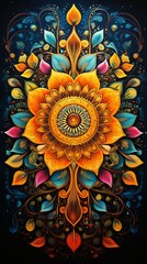 A symmetrical mandala with a large flower in the center and surrounded by colorful patterns.