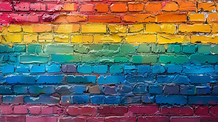 Brick wall painted in rainbow