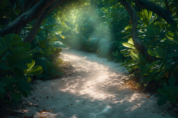 A path made of sand pathing through a forest, towards a tropical place - obrazy, fototapety, plakaty