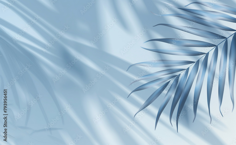 Poster Palm leaves casting gentle shadows on a smooth blue background, suggesting a tranquil and serene environment with a calming visual effect.