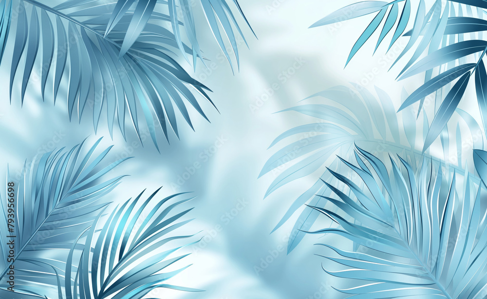 Poster Palm leaves casting gentle shadows on a smooth blue background, suggesting a tranquil and serene environment with a calming visual effect.