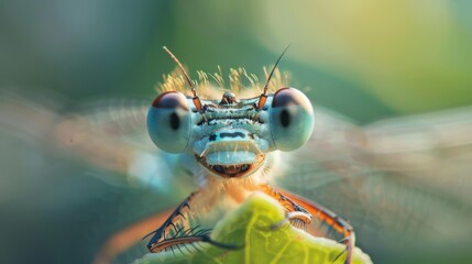 A macro photo of a dragonfly on a leaf with a natural background and a close-up of a dragonfly with big eyes. - Powered by Adobe